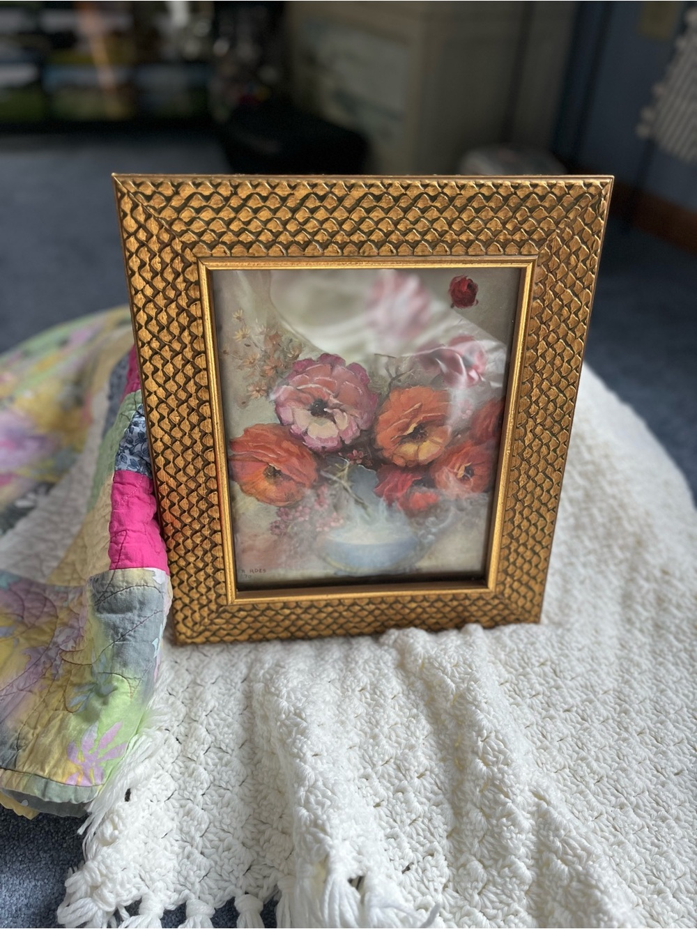 Gold Textured Picture Frame with Authentic Vintage Floral art illustration